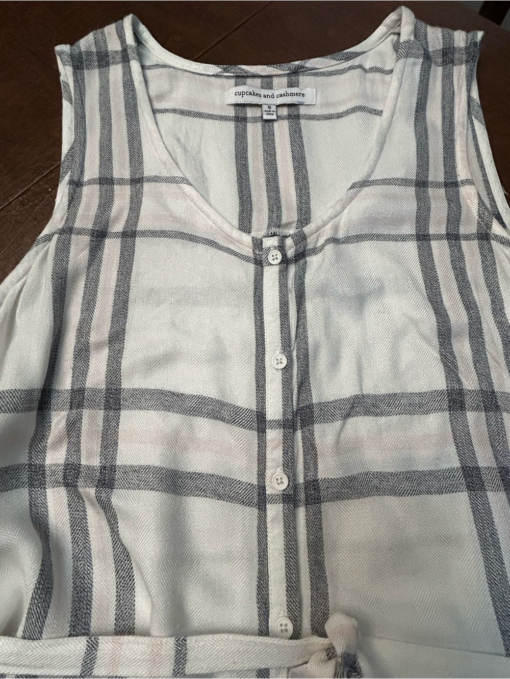 Cupcakes & Cashmere Woman’s Sleeveless White & Gray Plaid Dress w Tie Belt SZ S - Picture 7 of 11